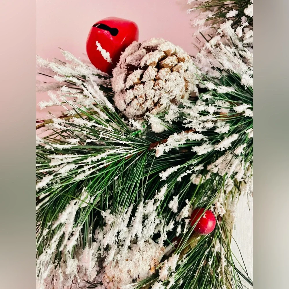 Snowy Pine w/Red Bells & Berries Wreath